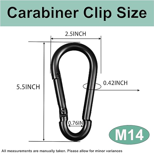Black Carabiner, Heavy Duty Galvanized Steel Spring Snap Hook Carabiner Clips with 1350LBS Holding Capacity, Ideal for Outdoor, Hammock, Swing and Travel (2PCS M14 5.5Inch)