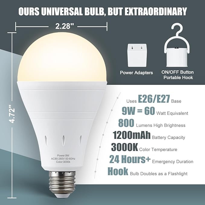 6Pack Rechargeable Emergency Light Bulb, A19 9W Warm White 3000K Self-Charging LED Light Bulb,1200mAh Battery Backup Light Bulbs for Daily,Home Emergency,Outdoor Portable Use