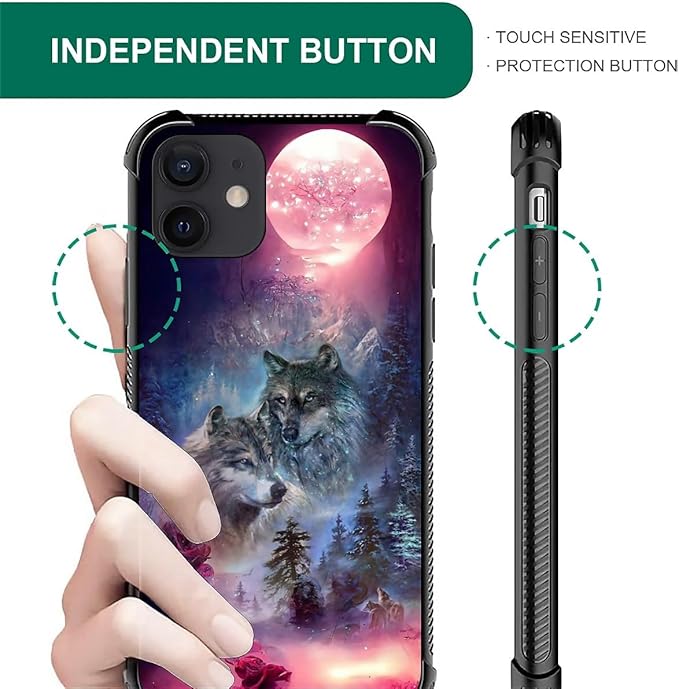 for iPhone 12 Mini Case, Star Two Wolfs Howling Pattern Graphic Design Girl Boy Soft Silicone Hard Acrylic Shock Protection for iPhone 12 Mini