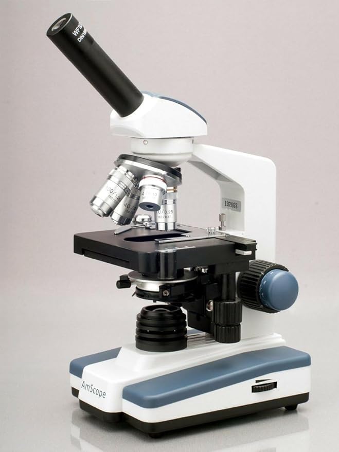 AmScope M620B Compound Monocular Microscope, WF10x and WF20x Eyepieces, 40x-2000x Magnification, Brightfield, LED Illumination, Abbe Condenser, Mechanical Stage, 110V