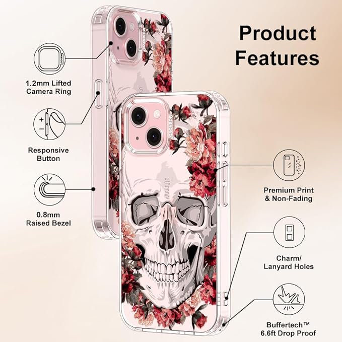 MOSNOVO Case for iPhone 15, [Buffertech 6.6ft Military-Grade Drop Protection] [Anti Peel Off Tech] Clear TPU Bumper Phone Case Cover Design - Red Flower Skull