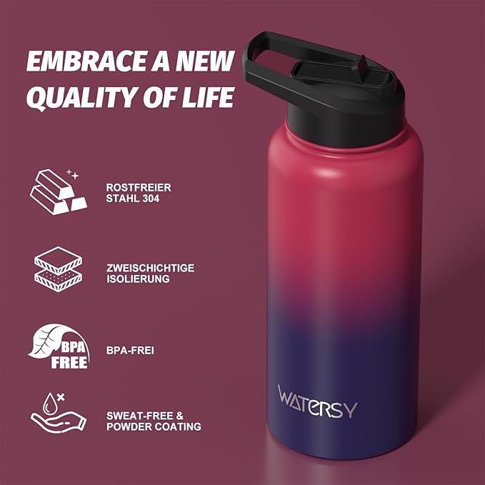 32oz Insulated Water Bottle (Cold for 48 Hrs),BPA Free&Leak Proof,Stainless Steel Water Flask,Water Jug with Straw Spout Lids for Gym,Hiking,Travel,Red Purple