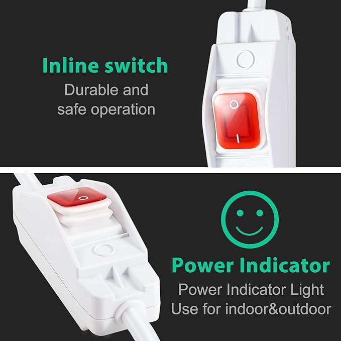 Outdoor Waterproof On/Off Switch Extension Cord, Heavy Duty 125v/250v Black SJTW Cord (6 Ft, White)