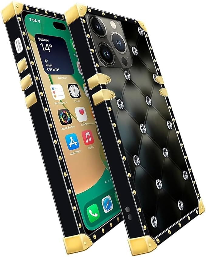 Compatible with iPhone 14 Pro Case, Shiny Black Sofa Crystal Luxury Golden Decoration for Girl Women Soft TPU Shockproof Protective Hard PC Back for iPhone 14 Pro