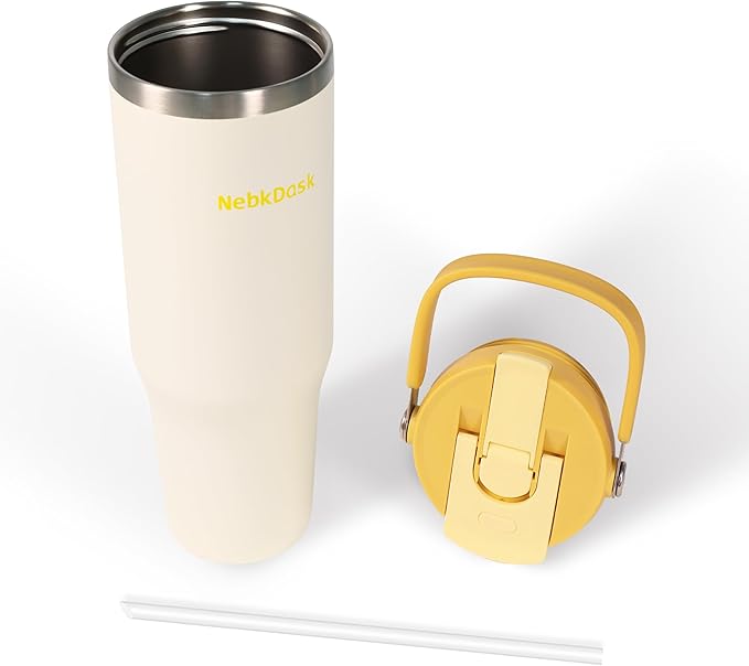 40 oz Insulated Stainless Steel Bottle with 2-in-1 Straw and Spout Lid, Water Bottle with Carry Handle Keep Cold 24H, Leak-Proof, Fits in Car Cup Holder, Travel, and School（off-White）