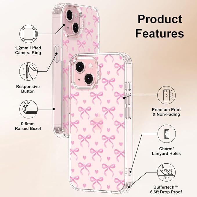 MOSNOVO Case for iPhone 15 Plus, [Buffertech 6.6ft Military-Grade Drop Protection] [Anti Peel Off Tech] Clear TPU Bumper Phone Case Cover Design - Bowtiful Love