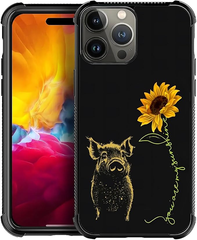 for iPhone 15 Pro Case, Pig Sunflower Yellow Sunshine Pattern Graphic Design Girl Boy Soft Silicone Hard Acrylic Shock Protection for iPhone 15 Pro