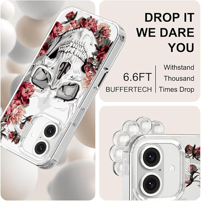 MOSNOVO Case for iPhone 16 Plus, [Buffertech 6.6ft Military-Grade Drop Protection] [Anti Peel Off Tech] Clear TPU Bumper Phone Case Cover Design - Red Flower Skull