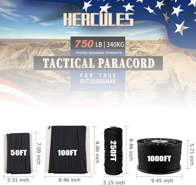 HERCULES 750lb Paracord 4mm 11 Strands Tactical Parachute Cord, 50' 100' 250' 1000' Utility Rope for Camping, Survival, Outdoor Gear (Black, 250FT)