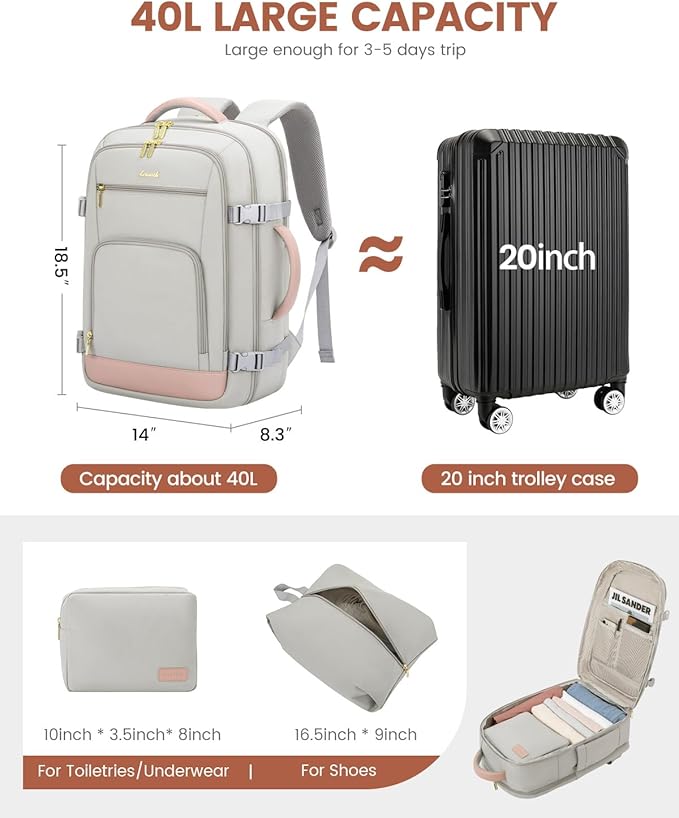 LOVEVOOK Travel Backpack For Women, 40L Carry On Backpack Flight Approved, TSA Personal Item Travel Bag Fits 17 Inch Laptop, Business Weekender Overnight Waterproof Daypack With 2 Cubes, Grey-Pink