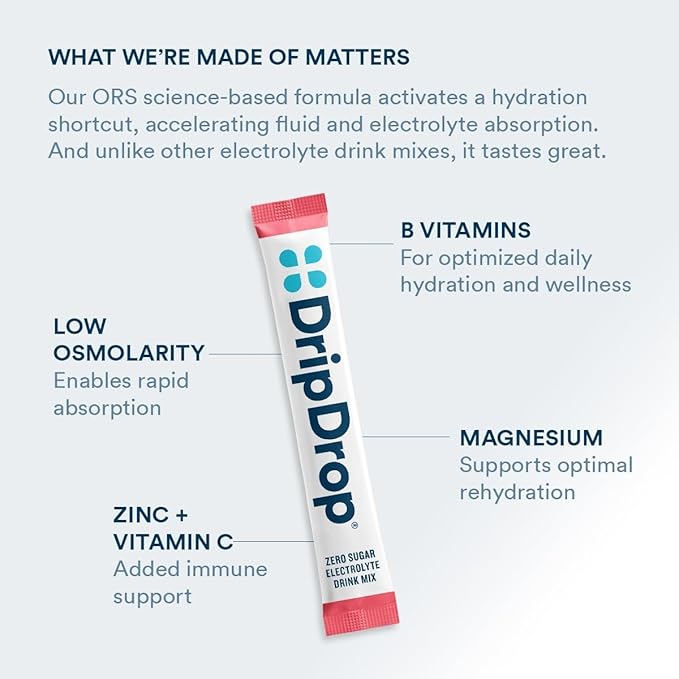 DripDrop Sugar Free Hydration Packets - Zero Classic Variety Pack - Single Serve Electrolytes Powder Drink Mix - Lemon Lime, Watermelon, Peach, Passion Fruit - Non-GMO, Gluten Free, Vegan - 16 Sticks