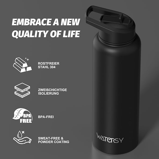 40oz Insulated Water Bottle (Cold for 48 Hrs),BPA Free&Leak Proof,Stainless Steel Water Flask,Water Jug with Straw Spout Lids for Gym,Hiking,Travel,Black