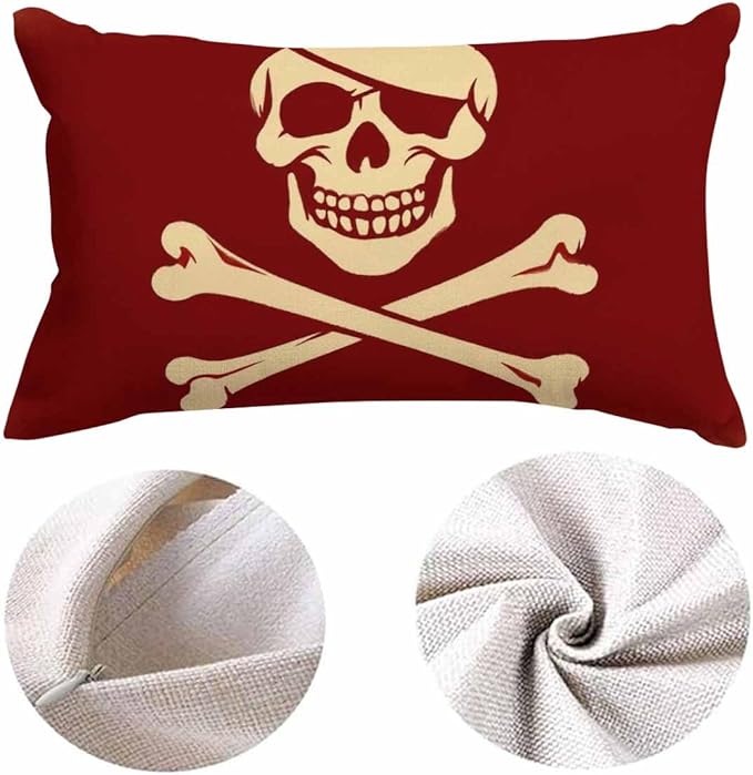 EKOBLA Red Skull Rectangle Pillow Covers One Eyed Creepy Pirate Skeleton Crossbones Retro Smile Rustic Waist Rectangle Throw Pillow Case Cotton Linen for Men Women Sofa Home Decoration 12x20 Inches