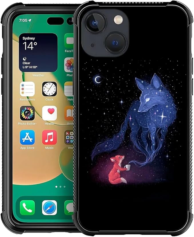for iPhone 14 Case, Galaxy Fox Wolf Pattern Graphic Design Girl Boy Soft Silicone Hard Acrylic Shock Protection for iPhone 14