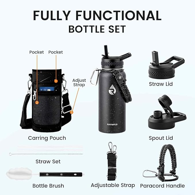 RAYMYLO Insulated Water Bottle 32 oz, Triple Wall Vacuum Stainless Steel (Cold for 24Hrs, Hot for 12Hrs), Leak Proof & Non-BPA, Modern Water Flask Jug with Paracord Handle & Straw Spout Lids