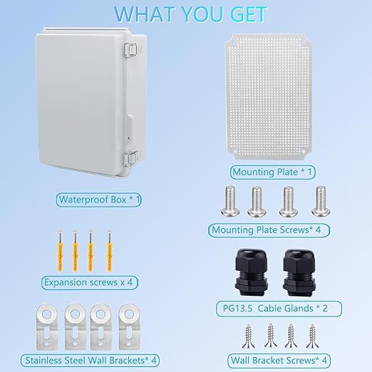 IP67 Waterproof Junction Box, ABS Plastic Electrical Enclosure with Stainless Steel Latch, Hinged Cover Electric Box with Mounting Plate, Wall Brackets & Cable Glands 290x190x140
