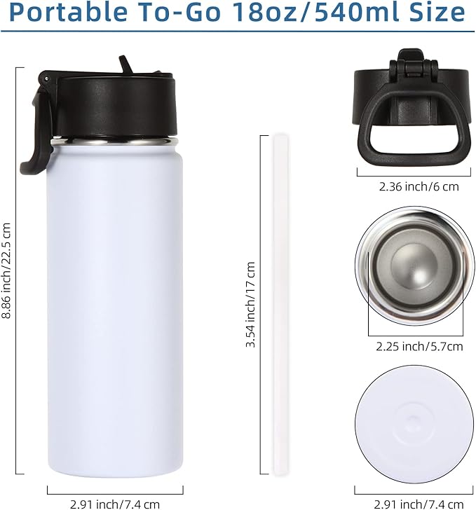 Volhoply 18oz Insulated Water Bottle Bulk 8 Pack,Kids Stainless Steel Water Bottles with Straw Lid,Double Wall Vacuum Reusable Metal Bottle,Wide Mouth Sports Flask For Cold Drink(White,8 Set)