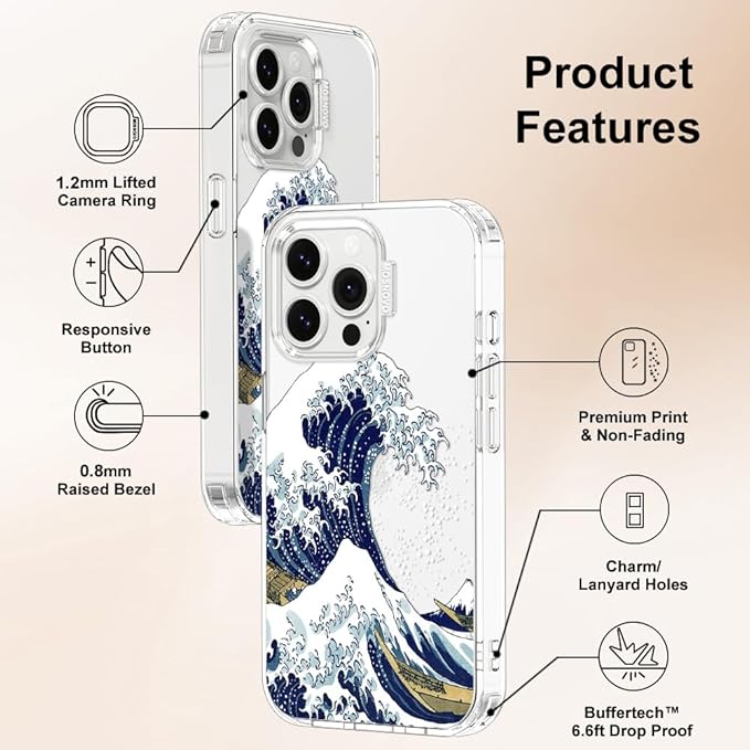 MOSNOVO Case for iPhone 14 Pro Max, [Buffertech 6.6ft Military-Grade Drop Protection] [Anti Peel Off Tech] Clear TPU Bumper Phone Case Cover Design - Great Wave