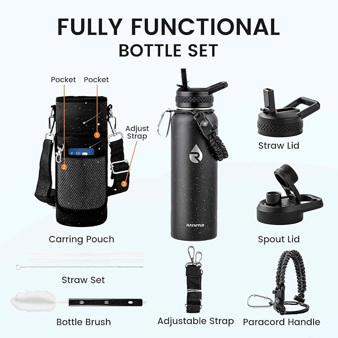 RAYMYLO Insulated Water Bottle 40 oz, Triple Wall Vacuum Stainless Steel (Cold for 36Hrs, Hot for 18Hrs), Leak Proof & Non-BPA, Modern Water Flask Jug with Paracord Handle & Straw Spout Lids