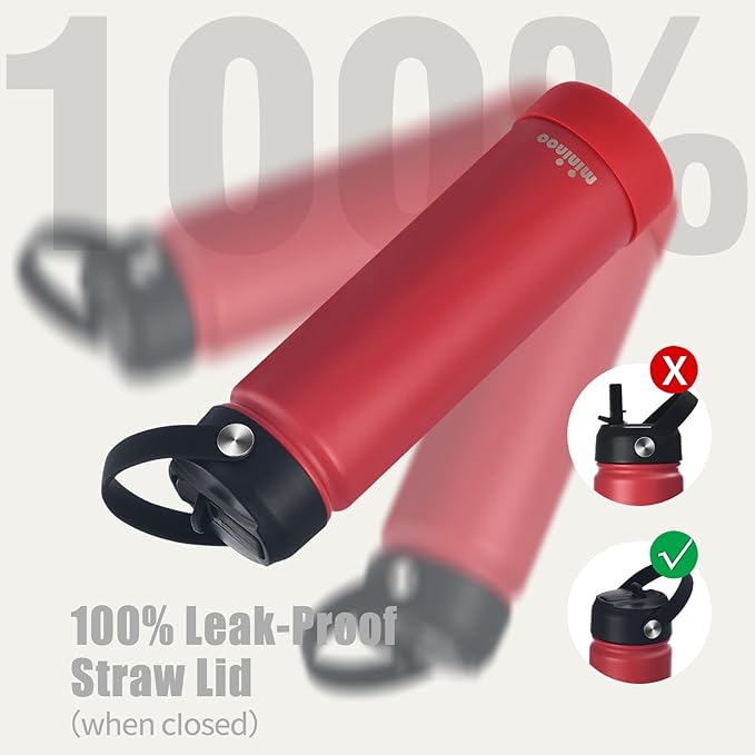mininoo Insulated Stainless Steel Water Bottle with Straw and Lid for Sports, 24 oz, Red