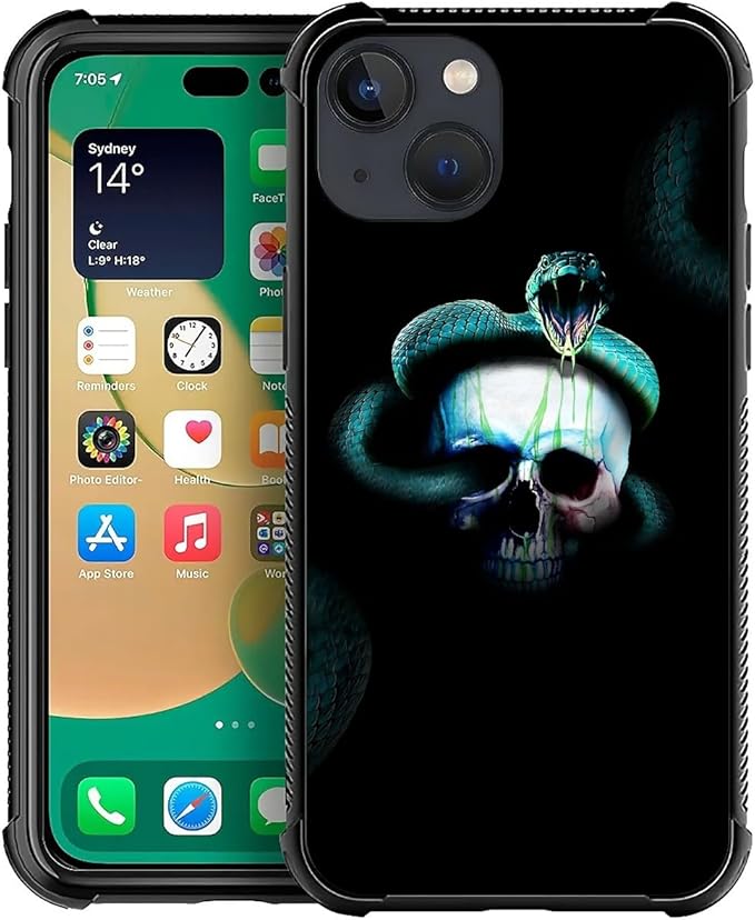 for iPhone 14 Plus Case, Skeleton Winding Snake Pattern Graphic Design Girl Boy Soft Silicone Hard Acrylic Shock Protection for iPhone 14 Plus