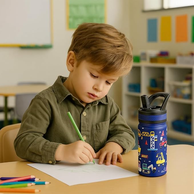 Fanhaw 14 Oz Kids Insulated Water Bottle with Straw - Stainless Steel Double Wall Vacuum Cup, Leakproof, BPA Free, Suitable for Boys and Girls(Black - Duck in Space)