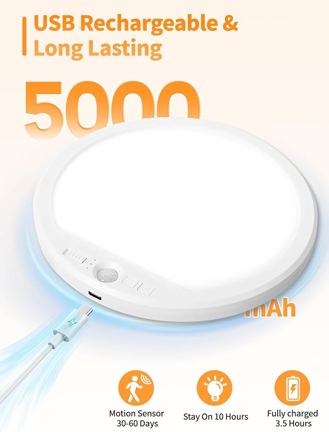 Rechargeable Motion Sensor Ceiling Light with Remote, Magnetic Mount, Cordless, Dimmable 3 Color Temperatures (6500K~3000K), No Wiring LED Light for Closet, Stairs, Hallway, Porch, Pack of 2