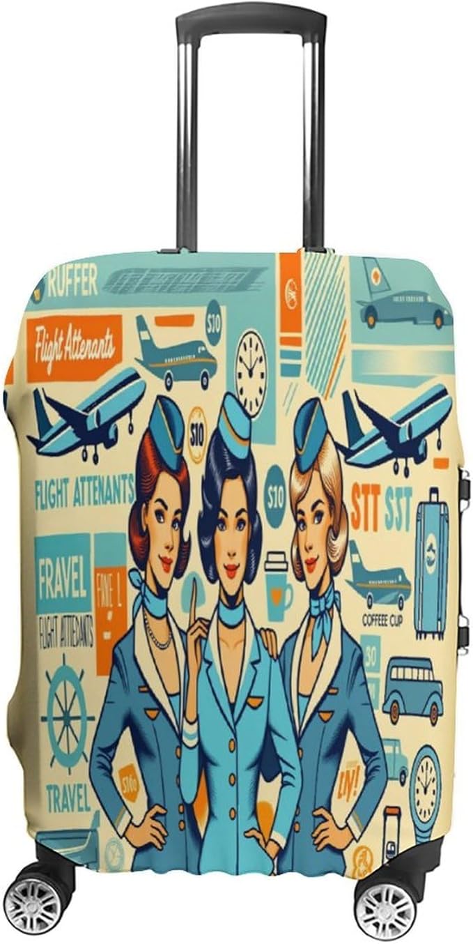 Flight Attendants Travel Vintage Style Retro Stretch Luggage Cover, Washable Suitcase Protector Fits 22-24in Cases, Secure Fit for Carry On Checked Bags, Travel Essentials