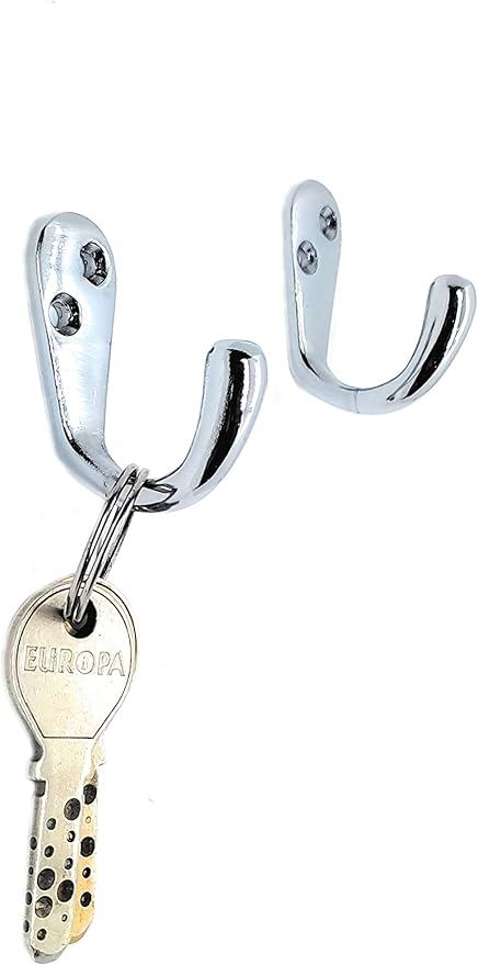 FAPBADRI Multipurpose Hooks, Used to Hang Clothes, Bags, Coats, Curtain Hold Backs, Keys, Silver Colour, Material - White Metal, Screws and Wallplugs Included, Pack of 4 Pieces