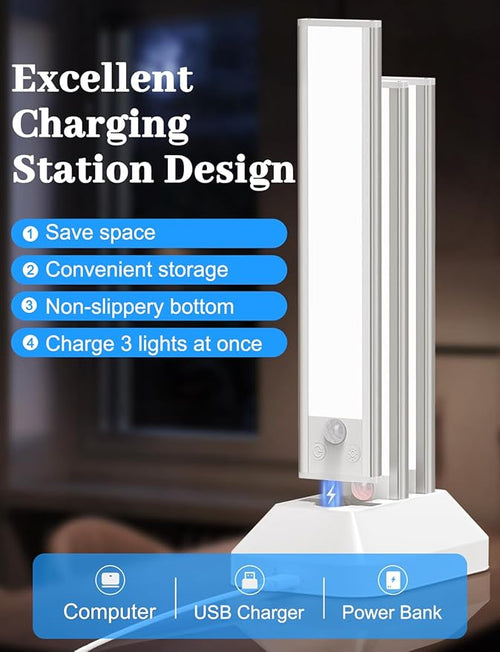 12in Under Cabinet Lighting with Charging Station, 2500mAh Rechargeable Wireless Motion Sensor Lights Indoor,Closet Lights with 3 Color Tempers, Battery Operated Cabinet Lights for Kitchen, 6-Pack
