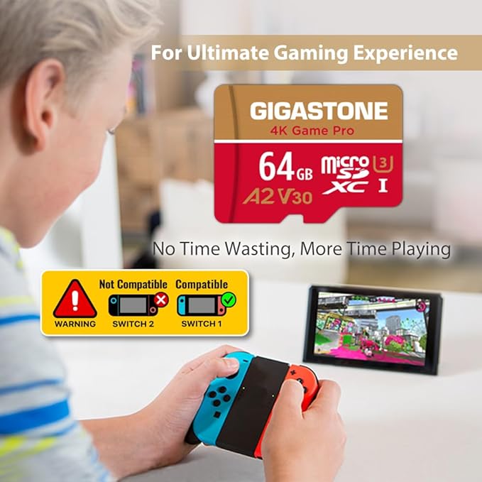 【For Switch 1 Only】GIGASTONE 64GB Micro SD Card, 4K Game Pro, MicroSDXC Memory Card for Gaming Console, Security Camera, UHD Video, up to 95/35MB/s, UHS-I U3 A2 V30 【5-Years Data Recovery】