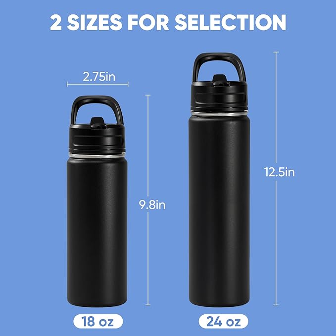 Fijinhom 24oz Insulated Stainless Steel Water Bottle with Straws, Double Wall Vacuum Insulated Bottles, Metal Thermo for Travel, Sports, Leak-Proof, BPA Free, Women & Men, Black