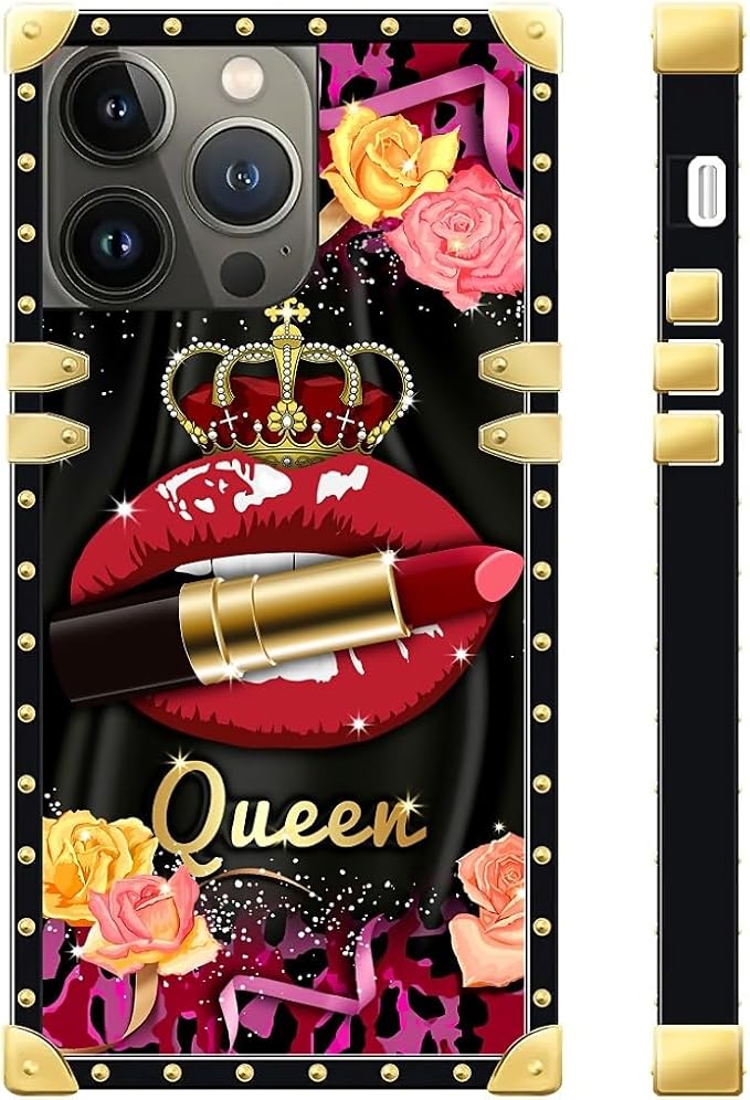Compatible with iPhone 13 Pro Max Case, Queen Lip Crown Leopard Print Luxury Golden Decoration for Girl Women Soft TPU Shockproof Protective Hard PC Back for iPhone 13 Pro Max