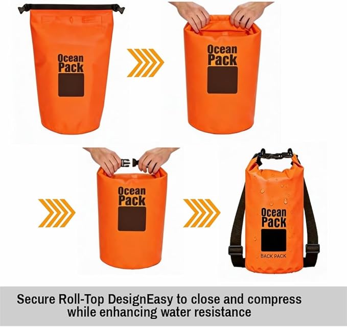 Waterproof Dry Bag Backpack Set of 3 (2L 5L 10L) – PVC Roll Top Waterproof Bags for Kayaking, Camping & Travel – Floating Compression Dry Pack for Outdoor Gear (Red, Light Green, Orange)
