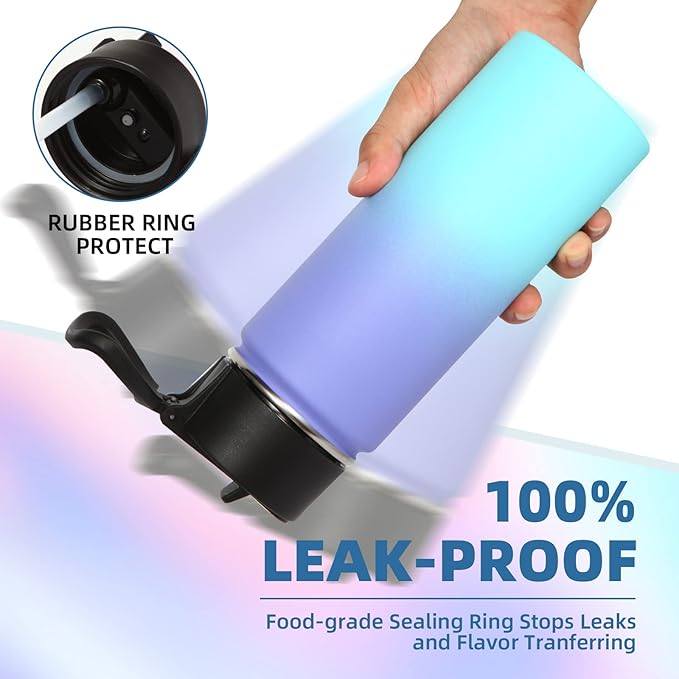 Volhoply 18oz Insulated Water Bottle Bulk 2 Pack,Kids Stainless Steel Water Bottles with Straw Lid,Double Wall Vacuum Metal Cups,Wide Mouth Reusable Sports Flask For Cold Drink(Purple Blue,2 Set)