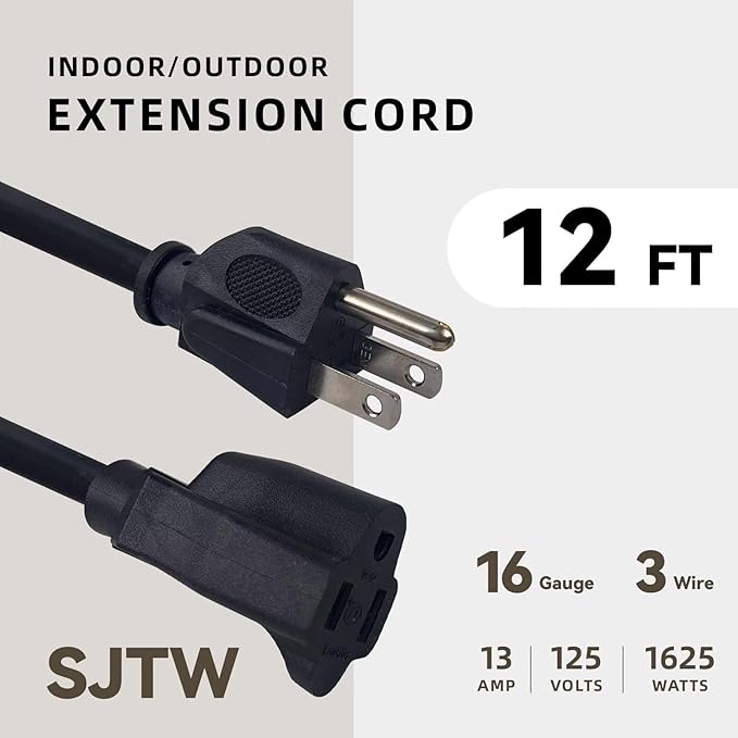 12ft Outdoor Extension Cord - 16/3 Heavy Duty SJTW Waterproof Black Electrical Cable with 3 Prong Grounded Plug for Safety, Great for Lawn and Major Appliances