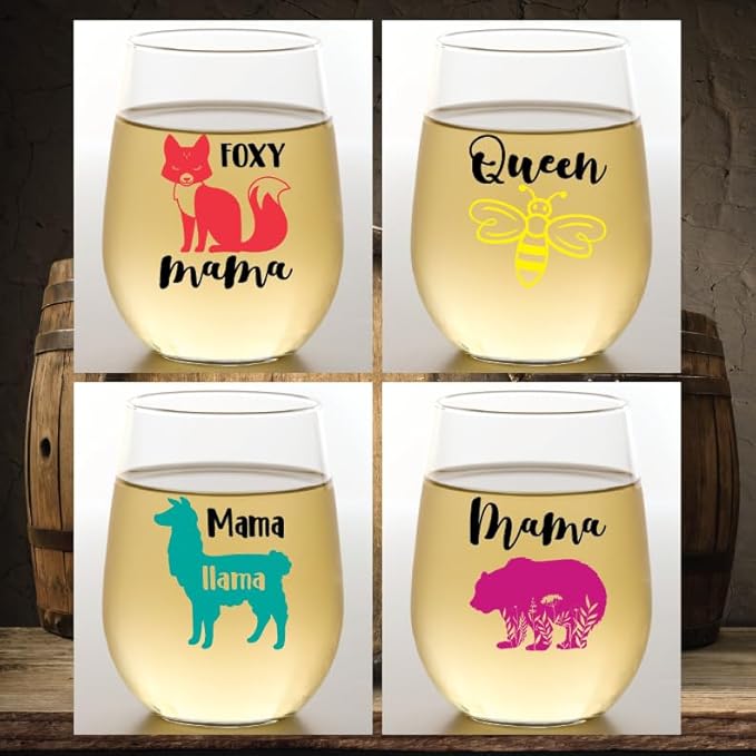 Set of 4 Shatterproof Designer 16 oz Plastic Wine Glasses MADE in the USA (MOM)