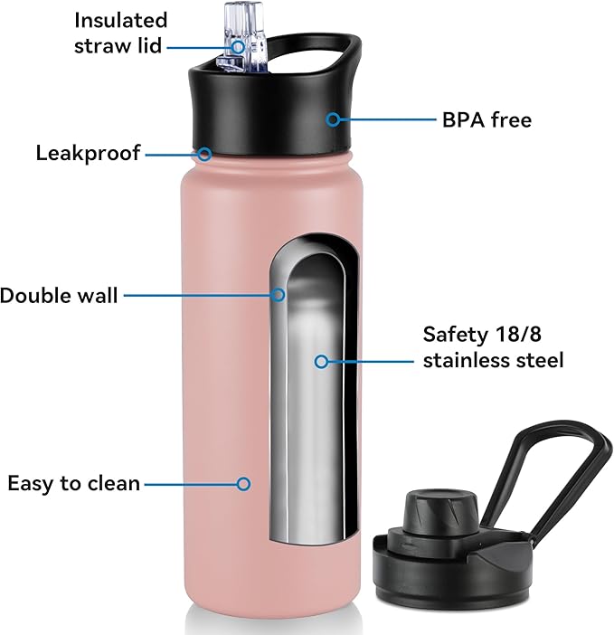 VEGOND 40 oz Insulated Water Bottle Stainless Steel Metal Water Bottles with Leak Proof Straw Lid & Spout Lid, Wide Mouth Double Walled Vacuum Travel Sports Bottle,Pink