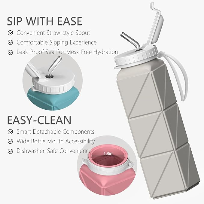 BEAUTAIL Collapsible Water Bottles 20.6oz 2 Pack, Silicone Foldable Portable Travel Water Bottle, BPA-Free Reusable Leakproof for Travel Camping Hiking Cycling Yoga Sports Outdoor (Pink+Starlight)