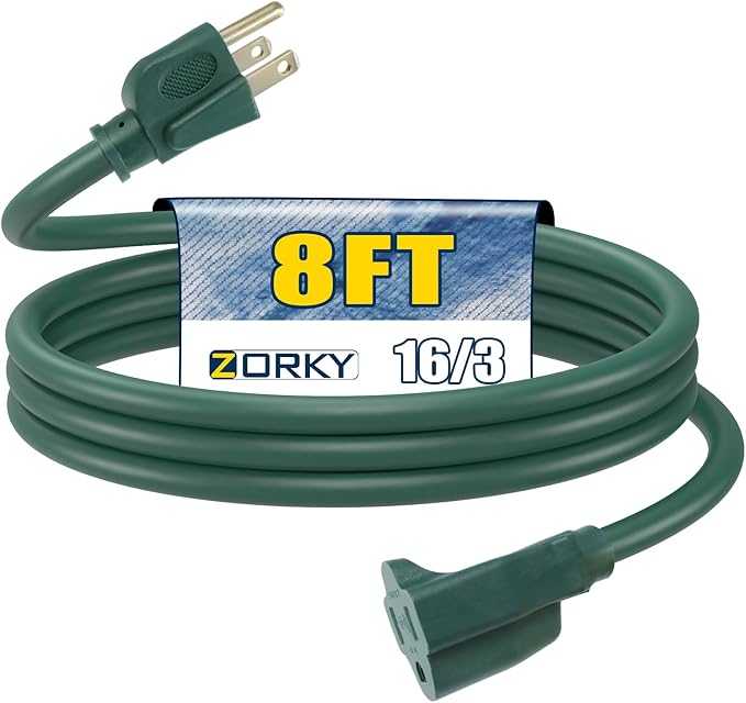 8ft Outdoor Extension Cord for Christmas Decorations - 16/3 Heavy Duty SJTW Waterproof Green Electrical Cable with 3 Prong Grounded Plug for Safety, Great for Lawn and Major Appliances