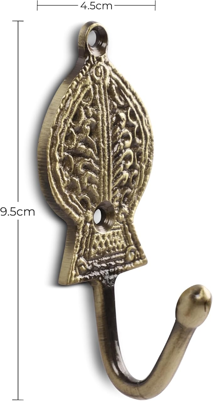 FAPBADRI Multipurpose Hooks, Used to Hang Clothes, Bags, Coats, Curtain Hold Backs, Keys, Colour - Antique Gold, Material - Brass, Retro Design, Screws and Wallplugs Included, Pack of 4 Pieces
