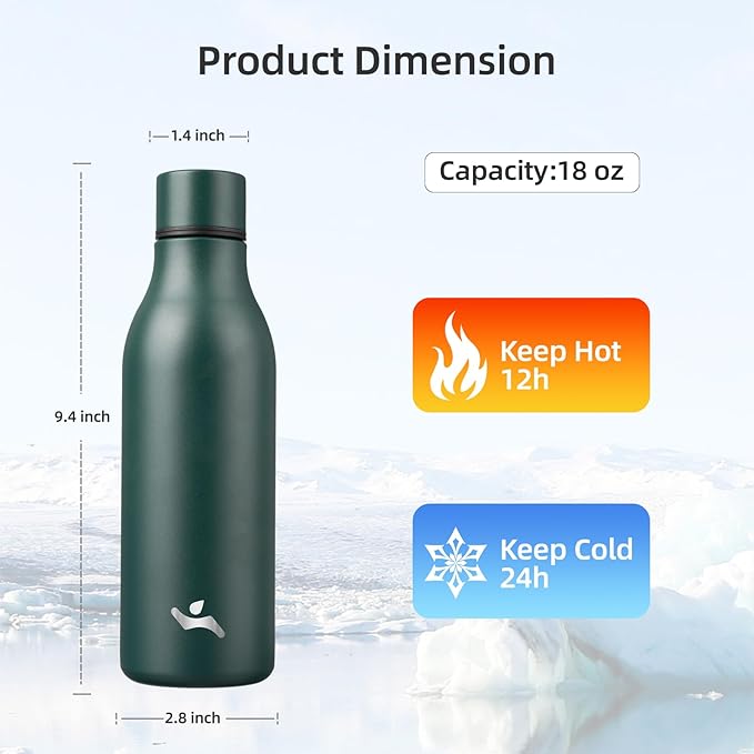 Konokyo Insulated Water Bottle with Strap,18 oz Double Wall Stainless Steel Vacuum Bottles Metal Water Flask,Army Green