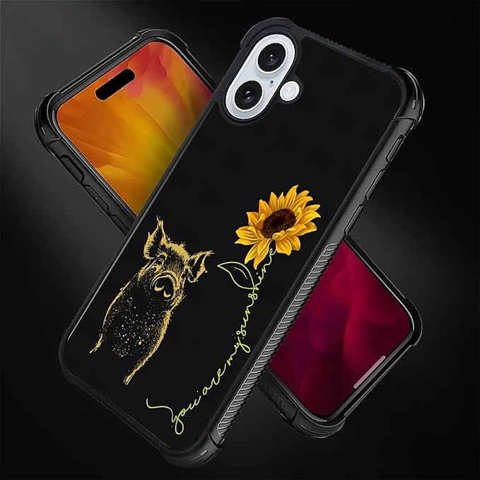 for iPhone 16 Plus Case, Pig Sunflower Yellow Sunshine Pattern Graphic Design Girl Boy Soft Silicone Hard Acrylic Shock Protection for iPhone 16 Plus