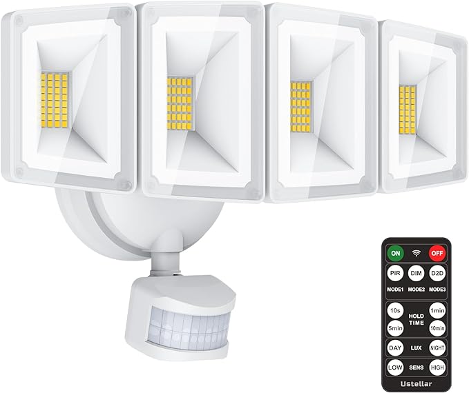 USTELLAR 100W 10000LM LED Security Lights Motion Sensor Outdoor, Remote Control 4 Heads LED Flood Light Outdoor, 5000K Daylight, IP65 Waterproof, Bright Motion Detected Lights for Outside Yard