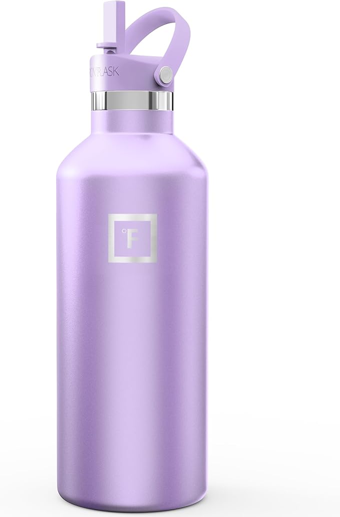 IRON °FLASK Camping & Hiking Hydration Flask with Straw, Narrow Mouth Insulated Stainless Steel Sports Water Bottle - Lavender 32 oz - Straw (1 Lid)