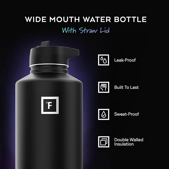 IRON °FLASK Camping & Hiking Hydration Flask with Straw, Wide Mouth Insulated Stainless Steel Sports Water Bottle - Dark Pine 64 oz - Straw (1 Lid)