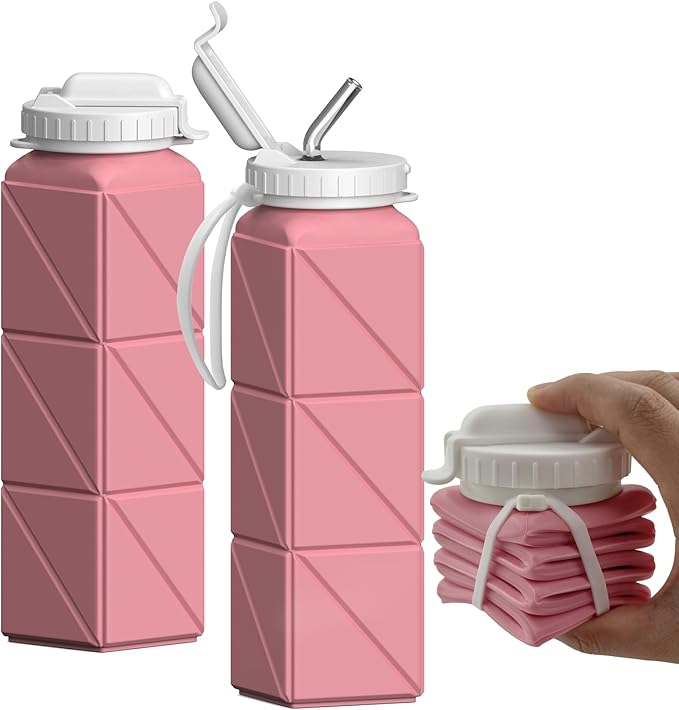 BEAUTAIL Collapsible Water Bottles with Straw 20.6oz, Silicone Foldable Portable Water Bottle, BPA-Free, Leakproof Reusable for Travel Camping Hiking Cycling Yoga Sports, 1 Pack (Pink)