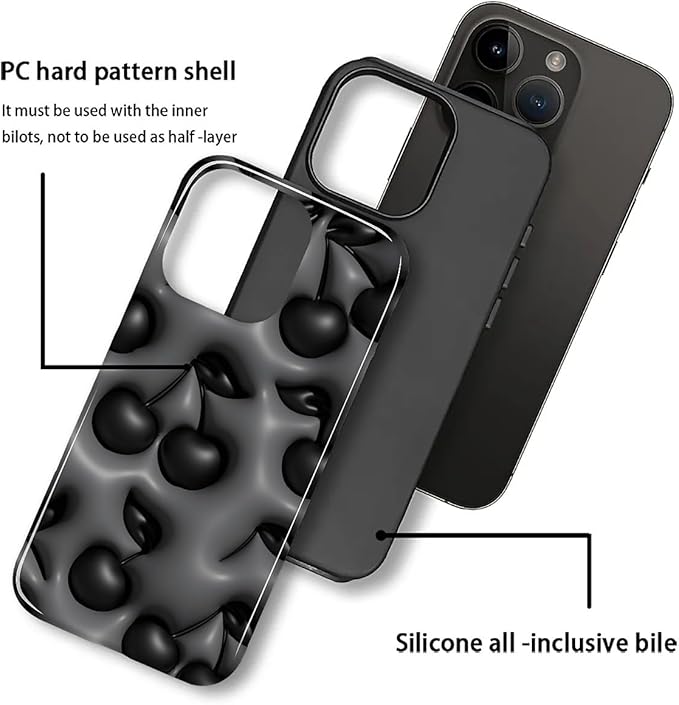for iPhone 12 Pro Max Case,HL2 Cute Cool Cherry Black Hybrid 2 Layer Hard Shell Silicone Protective Pattern Design Case