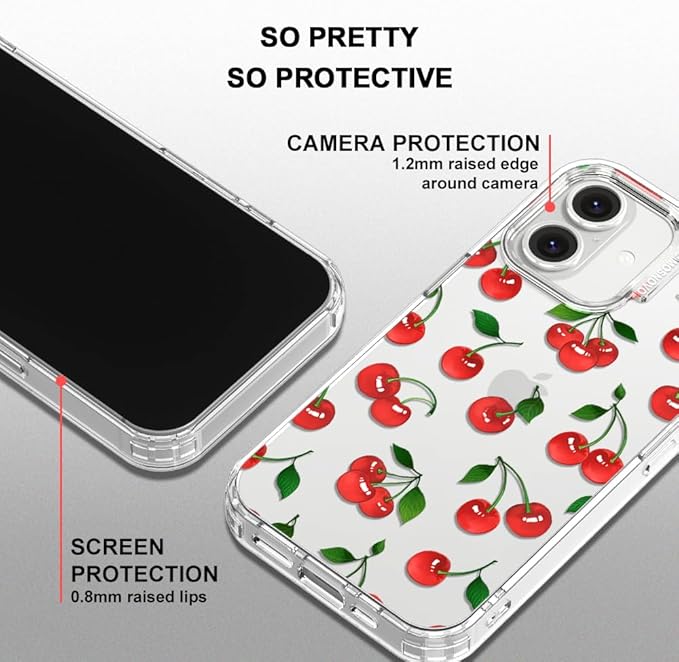 MOSNOVO Case for iPhone 16, [Buffertech 6.6ft Military-Grade Drop Protection] [Anti Peel Off Tech] Clear TPU Bumper Phone Case Cover Design - Cute Cherry