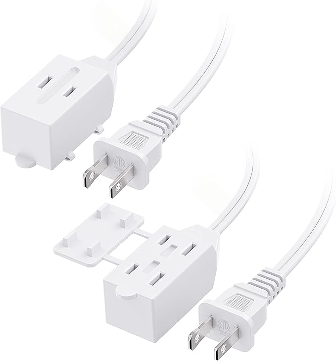 [ETL Listed] Cable Matters 2-Pack 16 AWG 2 Prong Extension Cord 10 ft, 13A 3-Outlet Extension Cords with Tamper Guard, 13 Amp, 1625 Watts, White